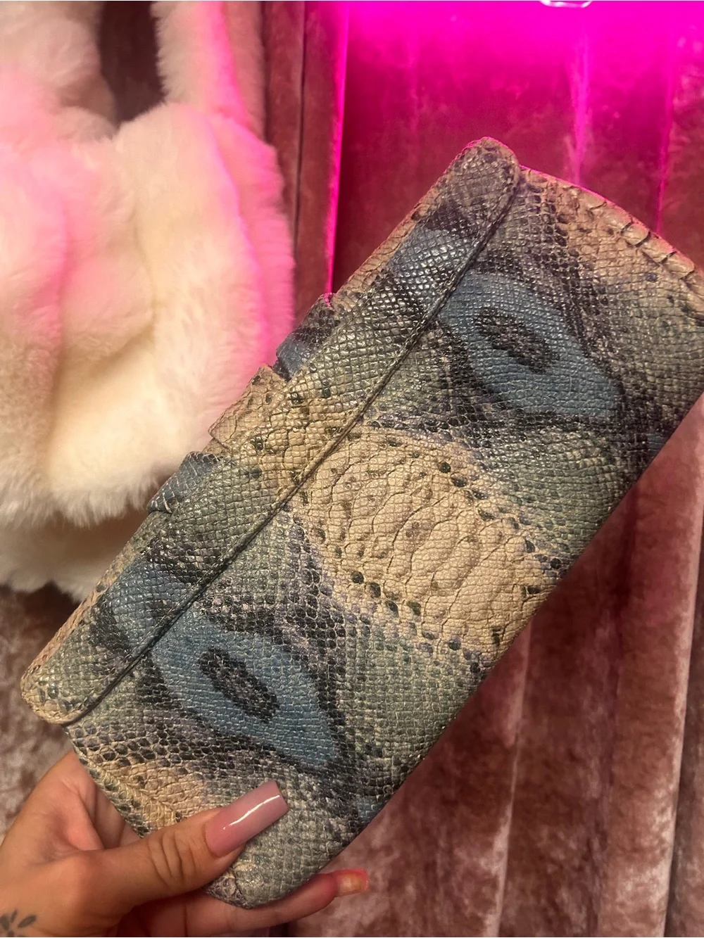 Lauren Merlin Textured Snake-Print multi colored Clutch